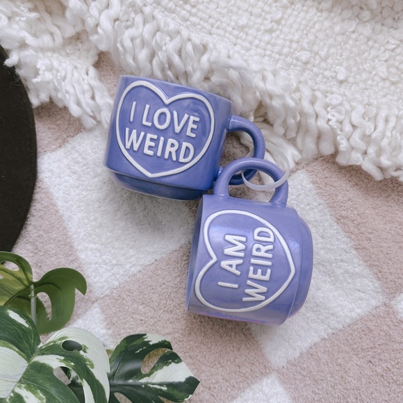 Other - NEW Walgreens I am weird I love weird hearts stackable 2 mug set purple
